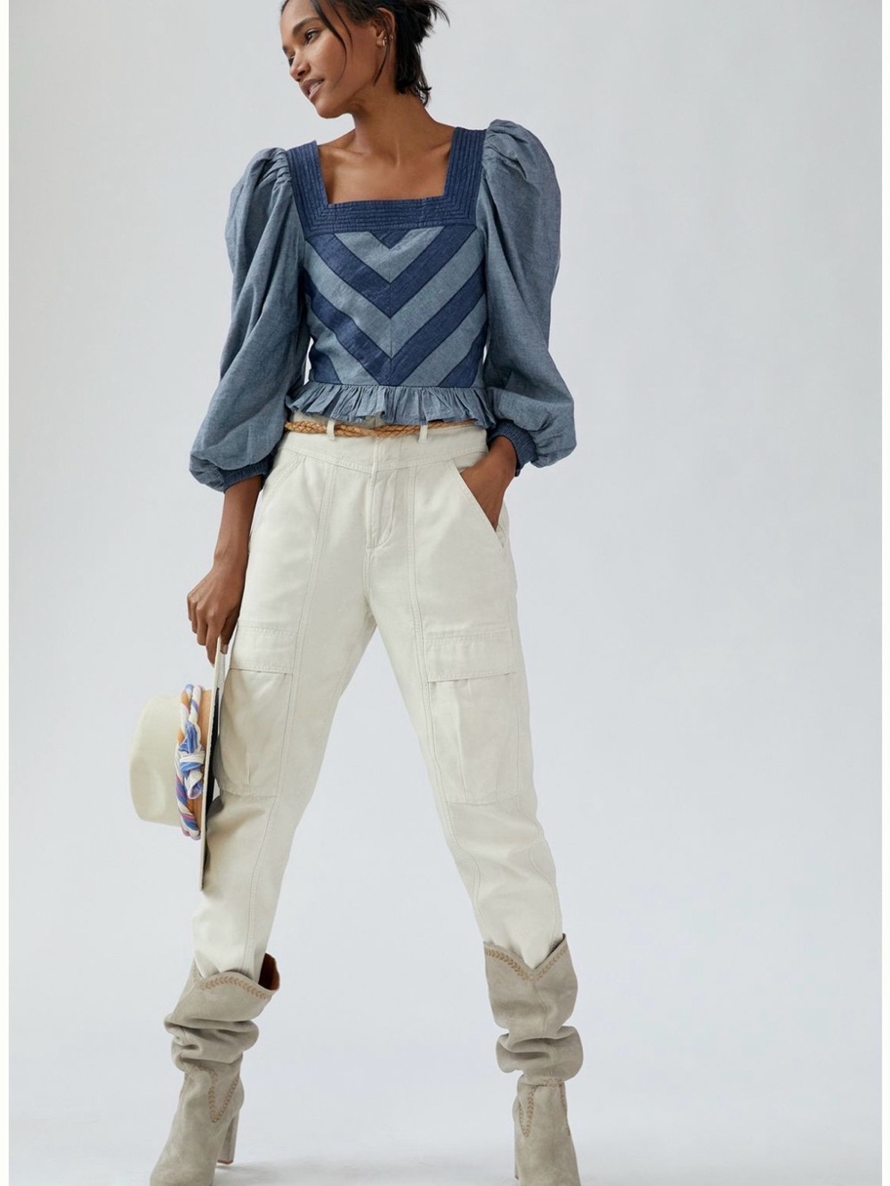NWT Anthropologie Love the Label XS Chambray/Denim Smocked Full-Sleeved Blouse - Picture 11 of 14